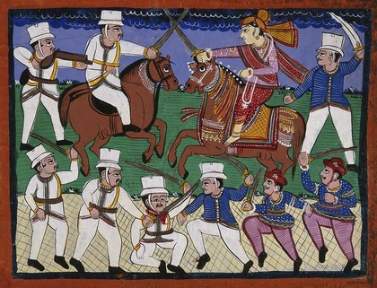 The battle of Gwalior: the Rani of Jhansi leads her troops. Gouache drawing, 186-(?).