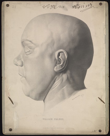 The death mask of William Palmer, the poisoner. Lithograph after M. Krantz, c. 1860.