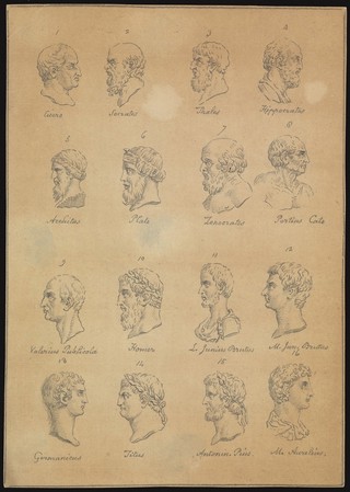 Sixteen portraits of classical poets and thinkers. Drawing, c. 1789.