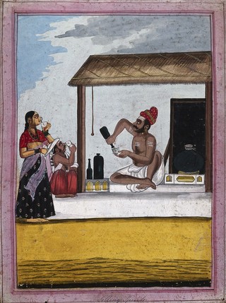 An Indian man selling alcohol to a couple. Gouache drawing.