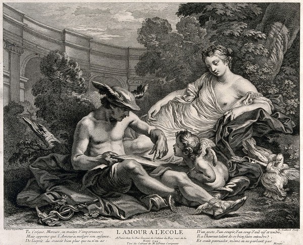 The god Mercury, with Venus in the background, tries to teach Cupid to read. Engraving by R. Gaillard, 1744, after Van-Loo le pere.