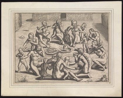 Brazil: Tupinamba Indians as cannibals enjoying a feast. Etching by T. de Bry.