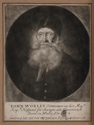 John Worley, a Greenwich Pensioner, aged 85. Mezzotint by J. Faber after himself, 1709.
