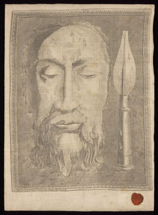 The Veronica and the Holy Lance, which are venerated in S. Peter's at Rome. Engraving printed on silk.