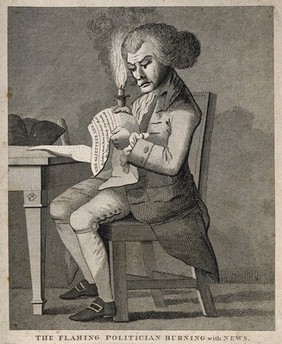 A man so engrossed in news of the French Revolution that he unwittingly sets his wig alight with his candle. Etching, 1789.