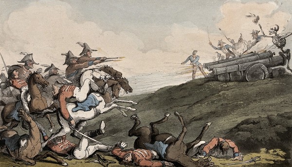 The dance of death: the battle. Coloured aquatint after T. Rowlandson, 1816.