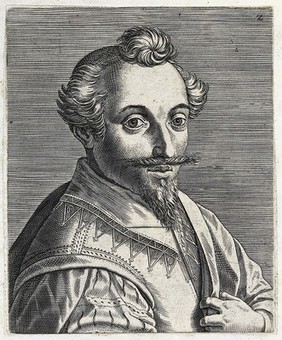 The head and a shoulders of a man wearing his hair tied in a bunch on the forehead and a stiff straight moustache. Engraving by P. Galle.