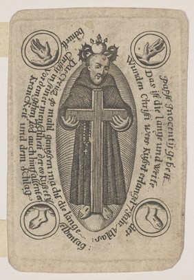 The wounds of Christ with Saint Francis who holds the Cross inside the side wound. Engraving.