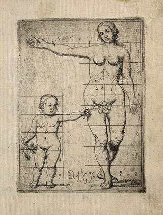 A nude woman and child with proportional markings, seen from the front. Etching by J. García Hidalgo, ca. 1691.