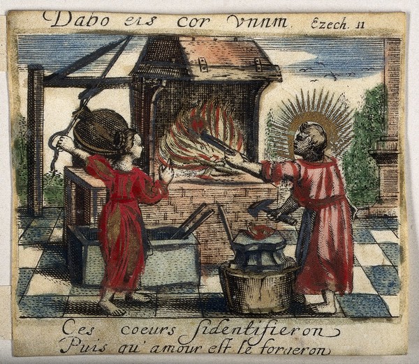 A blacksmith's forge, in which Divine Love prepares to hammer two hearts into one, with the aid of the Soul, who operates the bellows. Coloured etching, 16--.