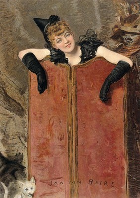 A woman in a black costume, wearing a small hat and long black gloves, smiles at the viewer while standing behind a screen. Chromolithograph, 1892, after Jan van Beers.