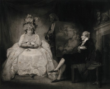 A vain woman (Lady Pentweazle) sits to a portrait-painter (Carmine) while a servant holds her lapdog. Mezzotint by D. Lucas, 1832, after R. Smirke.