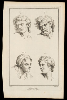 Four faces expressing (clockwise from top left): hatred or jealousy, anger, acute pain and desire. Etching by A-J. de Fehrt after C. Le Brun.