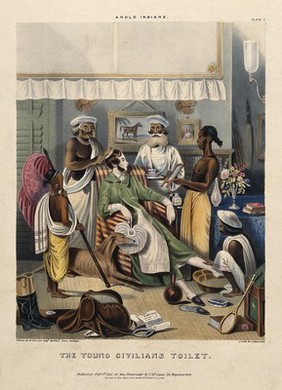 A male Anglo-Indian being washed, dressed and attended by five Indian servants. Coloured lithograph by J. Bouvier, 1842, after W. Tayler.