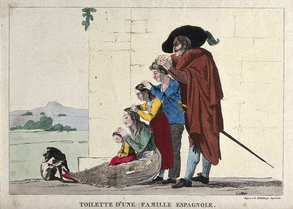 A Spanish family picking lice or fleas from each other's heads. Coloured etching, 1812.
