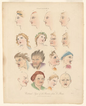 Sixteen faces expressing the human passions. Coloured engraving by J. Pass, 1821, after C. Le Brun.