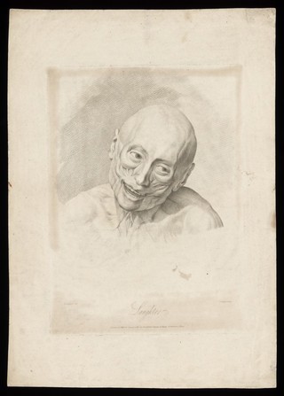An écorché face showing the movements of facial muscles during laughter. Stipple engraving by H. Singleton (?) after G.T. Stubbs after G. Stubbs, 1815.