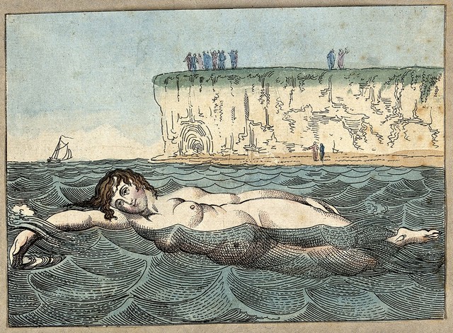 Margate, Kent: a woman swimming in the sea; in the background people are looking out to sea from cliffs and a beach. Coloured etching, ca. 1800.