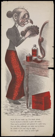 A woman who has lost her hair is standing in front of a mirror with a wig in her hands, there are bottles and potions on the table by her and a box on the floor at her feet. Colour lithograph, 18--.