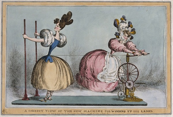 A woman is turning a wheel which is tightening the string around a girl's waist in order to make it smaller. Coloured etching by W. Heath, ca. 1830.