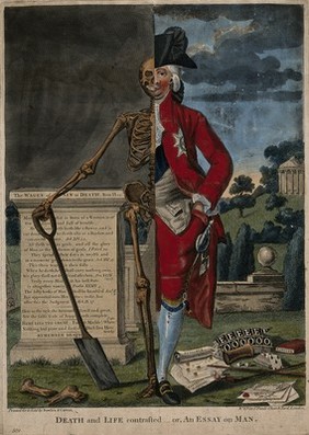 A man, half human and half skeleton. Coloured etching after R. Dighton, 17--.