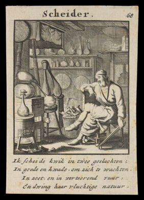 An elderly alchemist sitting next to his equipment. Engraving by C. Weigel, 1698.