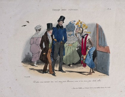 Two young men are approached by a prostitute: she is a clothed skeleton holding a made-up mask in front of her face, representing syphilis. Lithograph by J.J. Grandville, 1830.