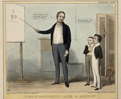 Lord Melbourne and Lord John Russell as schoolboys at a class given by Sir Robert Peel: Lord Brougham peeps from behind a door. Coloured lithograph by H.B. (John Doyle), 1841.