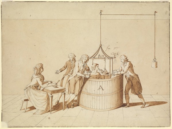 A man seated in a barrel with his head under a glass canopy; he breathes and his pulse is taken; Lavoisier dictates to his wife who is writing a report. Drawing attributed to M.A.P. Lavoisier, ca. 1790.