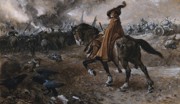 Death as general rides a horse on a battlefield. Watercolour by Edgar Bundy, 1911.