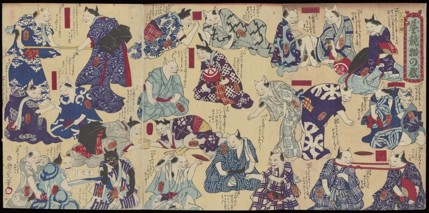 Cats in human dress playing a variety of games, including arm wrestling and tug of war. Colour woodcut by Kunimasa IV, 1870s.