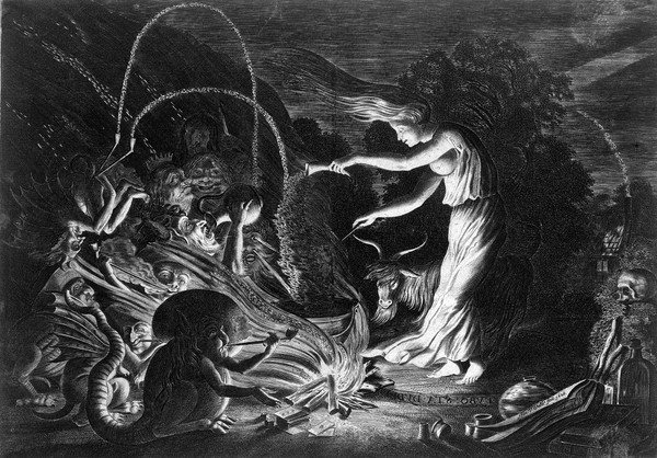 A witch at her cauldron surrounded by monsters. Etching by Jan van de Velde II, 1626.