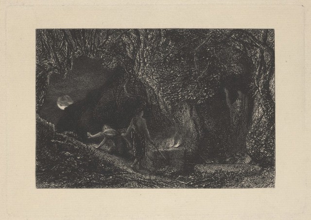 A wizard and his accomplice performing incantations in a forest during a full moon. Etching by S. Palmer and A.H. Palmer.