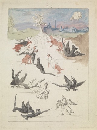 Dragons and griffins around a lone flowering tree in a landscape on the outskirts of a town; representing a stage in the alchemical process. Coloured etching after etching, ca. 17th century.