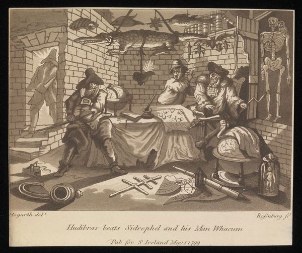 In a chamber containing stuffed animals, a globe and astrological devices Hudibras, about to draw his sword, startles Sidrophel and Whacum. Aquatint by C. Rosenberg, 1799, after William Hogarth.