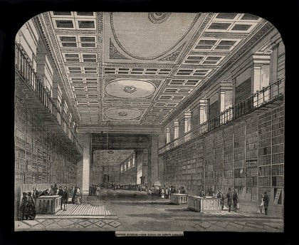 The British Museum: the King's Library, with visitors. Wood engraving, 1851.