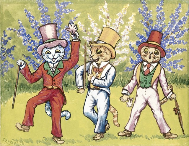Three cats performing a song and dance act. Gouache by Louis Wain, 1925/1939.