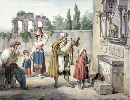 A street altar in Rome, hung with votive offerings, attended by itinerant pipers watched by locals. Watercolour by D.W. Lindau, 1835.