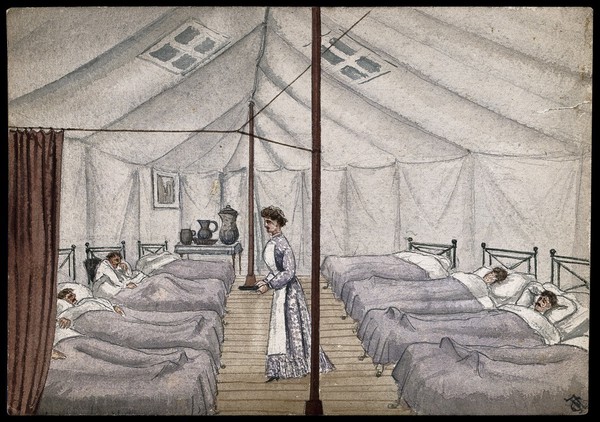 St Pancras Smallpox Hospital, London: housed in a tented camp at Finchley. Watercolour by F. Collins, 1881.