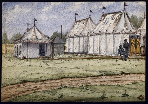 St Pancras Smallpox Hospital, London: housed in a tented camp at Finchley. Watercolour by F. Collins, 1881.