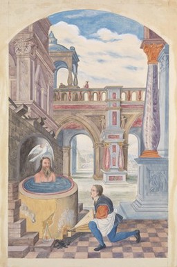 A Christ-like figure seated in a boiling vat while a man works a bellows beneath it; representing the process of self-destruction in order to attain the elixir of life. Watercolour painting.