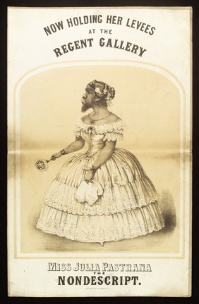 Julia Pastrana, "the nondescript", advertised for exhibition. Lithograph.