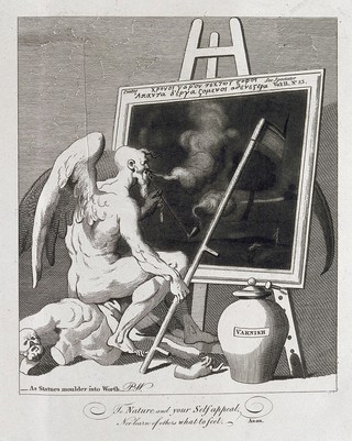 Time is blowing pipe-smoke onto a painting while his scythe has sunk into the canvas; representing the ageing of paintings as they acquire Old Master status. Engraving by T. Cook after W. Hogarth.