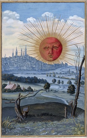 A red-faced sun rises above a city; stunted trees stand in the foreground; representing either the culmination of the alchemical work or the star of hope that inspires the alchemist through his tribulations. Watercolour painting by E.A. Ibbs.