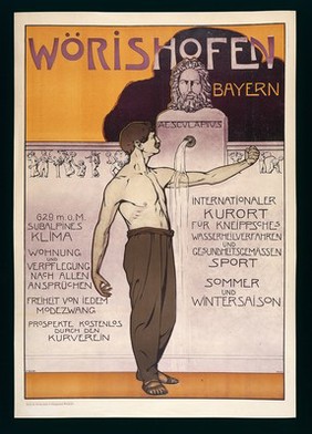 A man receiving water on his arm from a fountain of Aesculapius; representing the healthy consequences of water treatment at Bad Wörishofen, Bavaria. Colour lithograph by F. Rehm, 1902.