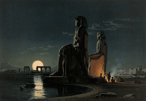 Egypt: the "statues of Memnon". Colour lithograph by G.W. Seitz, ca. 1878, after Carl Werner, 1871.