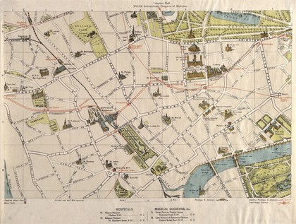 A map of London: showing sites of medical interest in Chelsea and Kensington. Coloured lithograph, 1913.