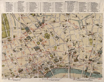 A map of London: showing sites of medical and other interest in the City of London, and Westminster. Coloured lithograph, 1913.