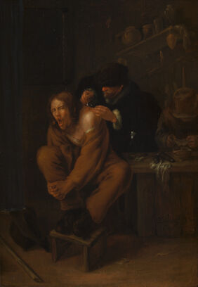 A surgeon applying medicine to a wound in the shoulder of a man in pain. Oil painting by Gerrit Lundens, 1649.