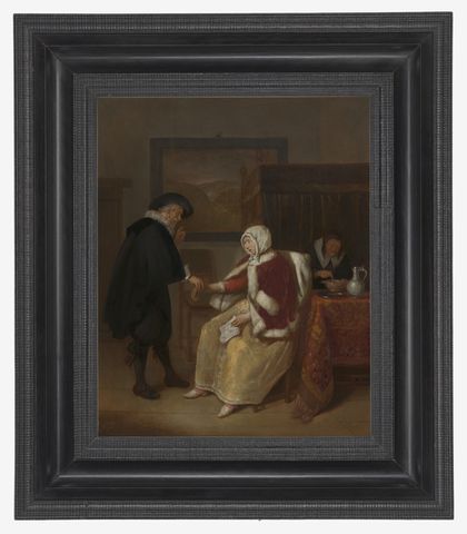 A physician taking the pulse of a young woman, while an old maid prepares gruel for her. Oil painting by Quirin Gerritsz. van Brekelenkam.